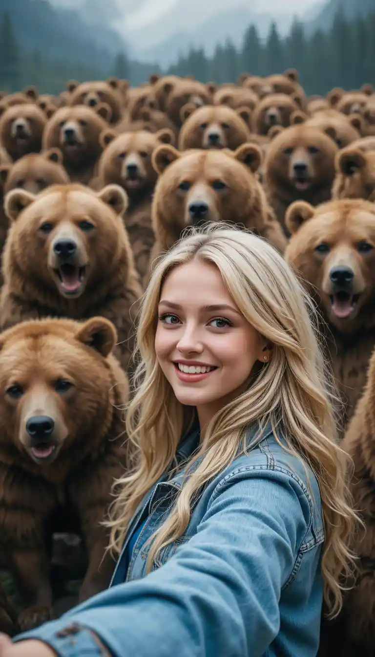 Smiling blonde girl taking a selfie in front of bears