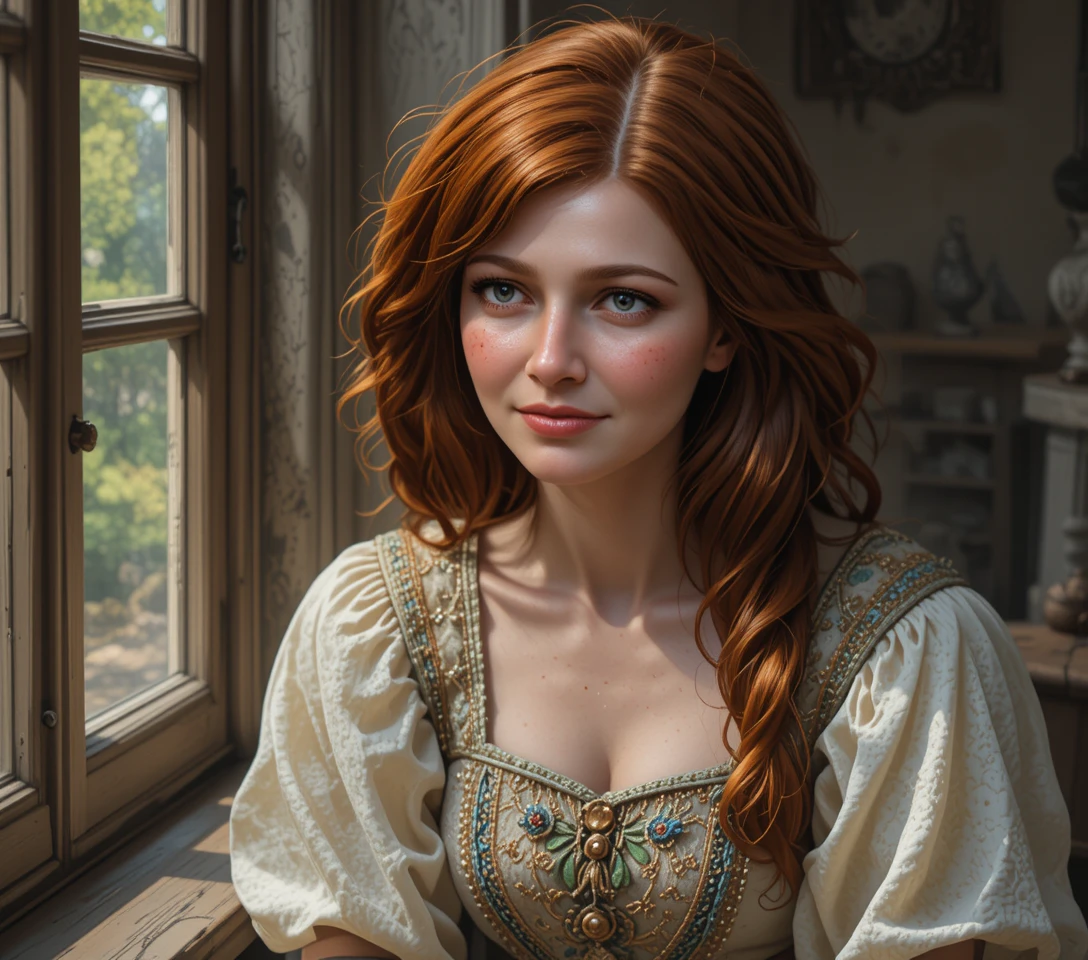 Crying freckled red haired girl by a sunlit window
