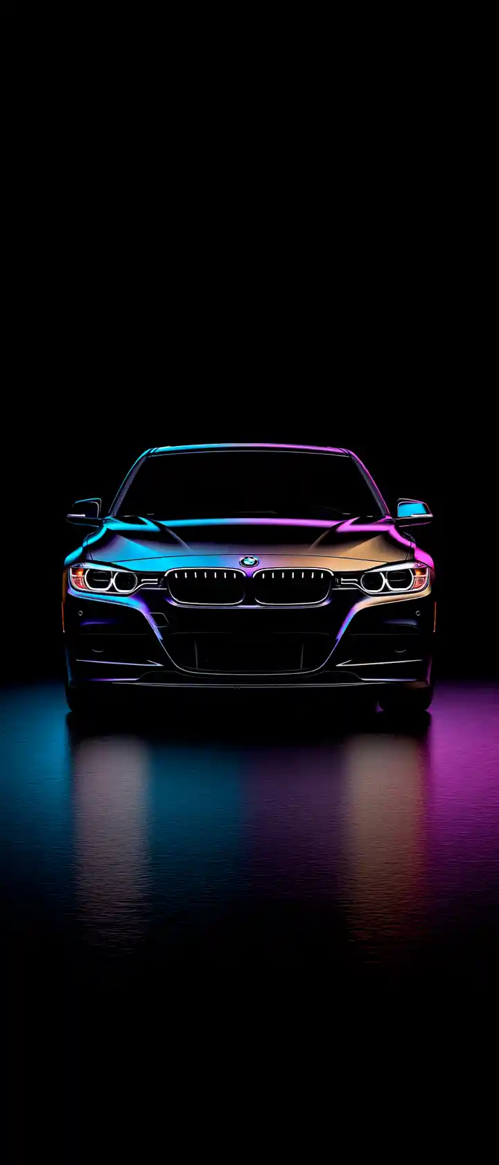 BMW 328i Studio-Autoaufnahme vor rein schwarzem Hintergrund