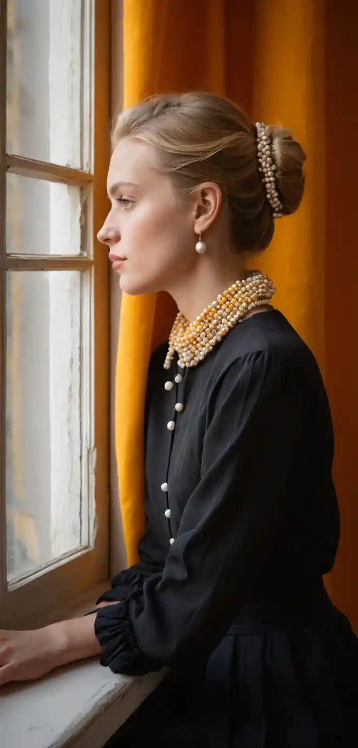 Elegant young woman in profile by a sunlit window
