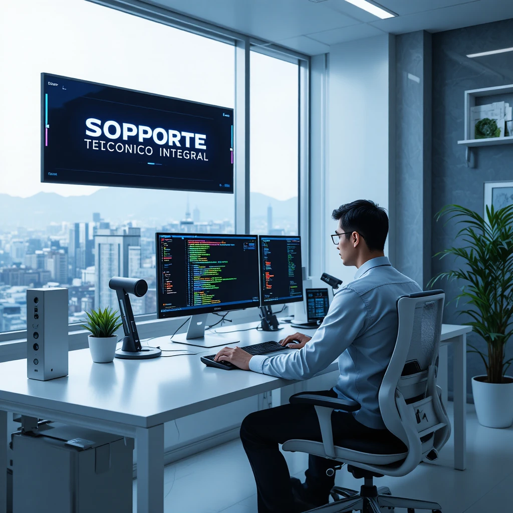 Systems analyst coding at a white desk in bright office