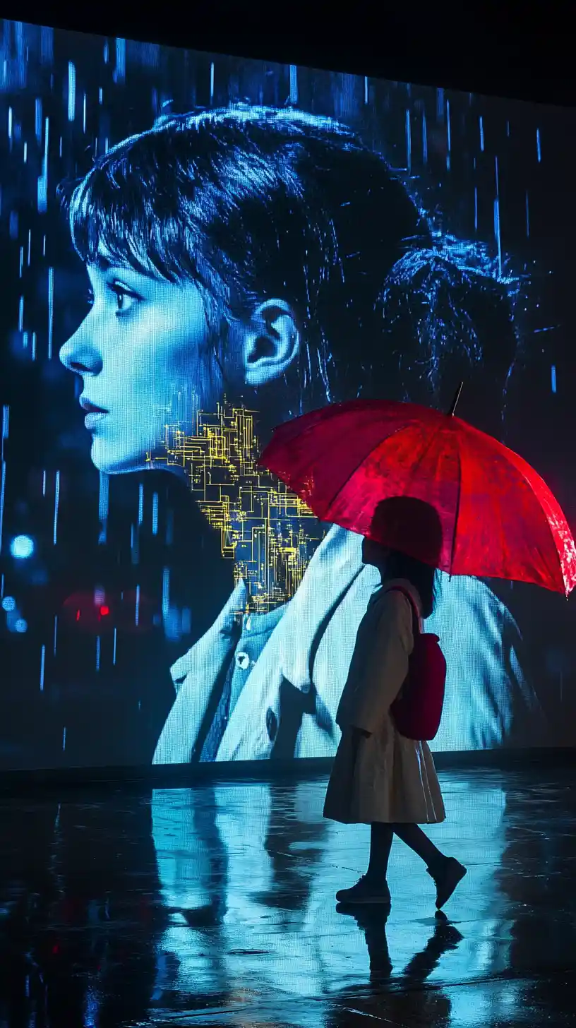 Ragazza con ombrello rosso davanti a proiezione digitale futuristica di donna