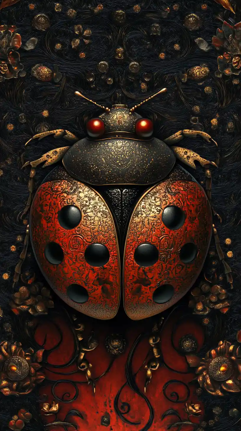 Coccinelle surréaliste émergeant d’un royaume sombre et torturé