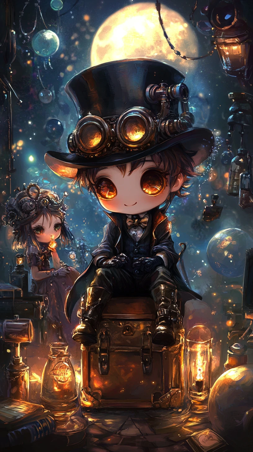 Niño chibi en un mundo steampunk bajo una luna brillante