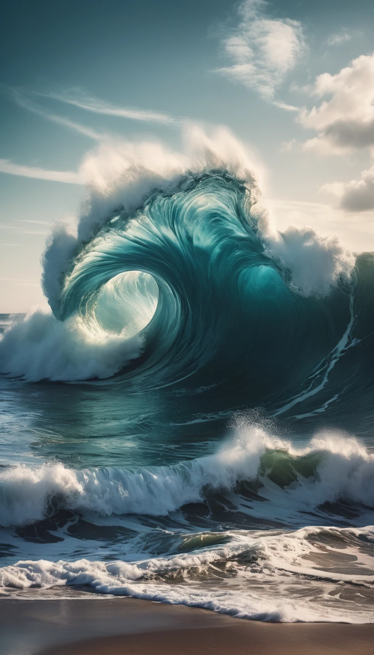 Maestosa onda oceanica che si fonde con un paesaggio onirico surreale