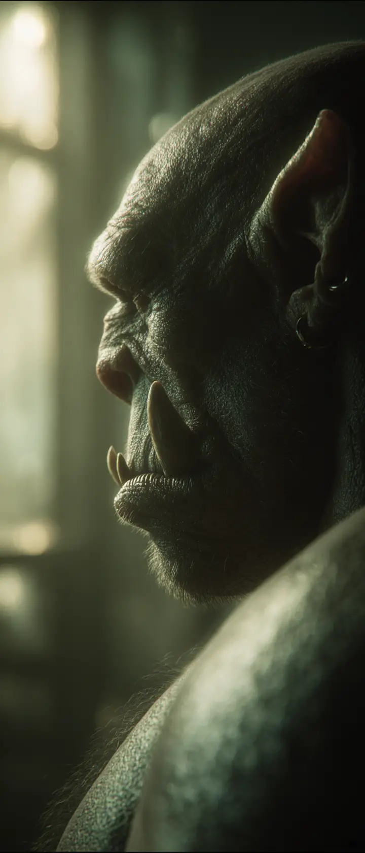 Contemplative ogre in soft window light cinematic frame