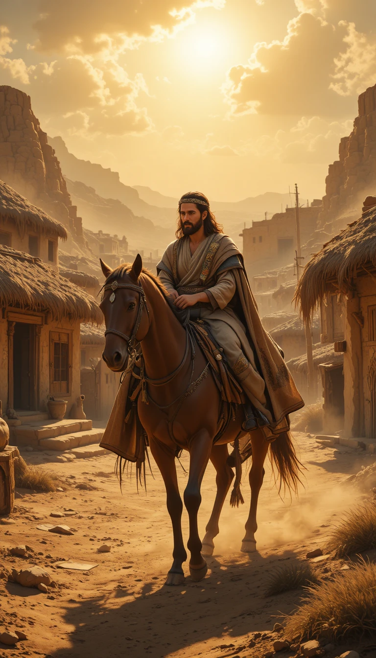 Wise king riding through an old desert village