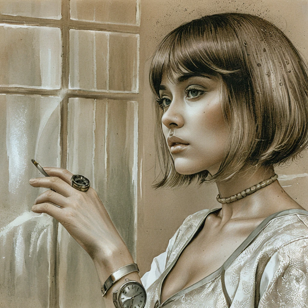Pensive Asian woman smoking by rainy industrial window