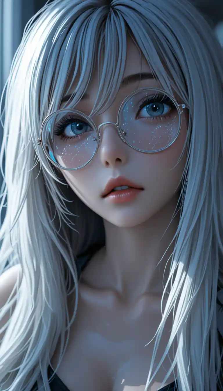 Anime girl close up with silver round glasses and white hair