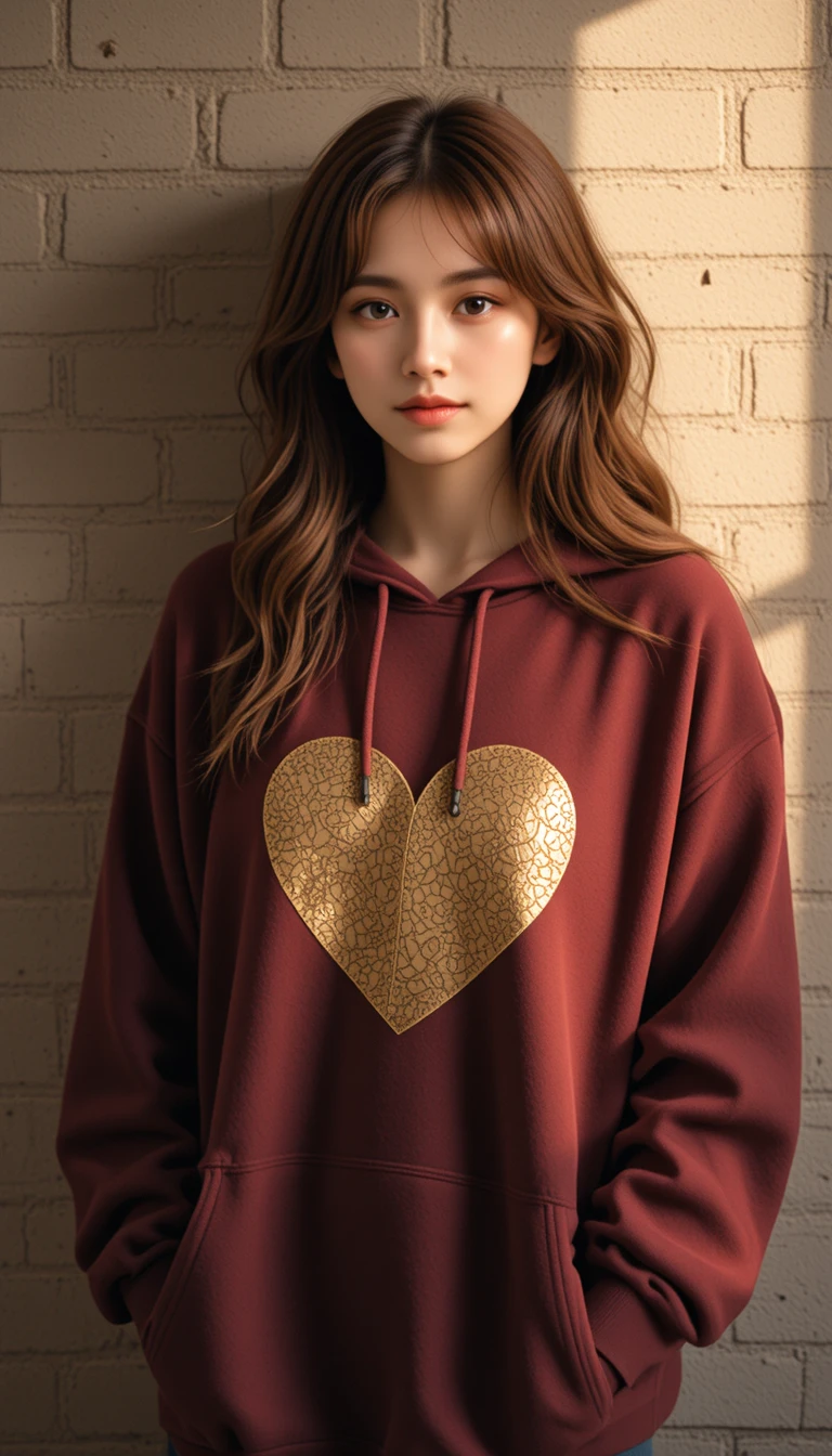 Jeune femme en hoodie bordeaux près d’un mur beige baigné de soleil