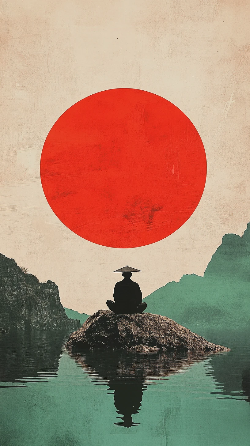 Lone figure on a rock facing a giant red sun