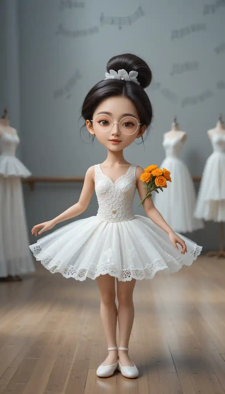 Joven bailarina alegre con tutú blanco y flores naranjas