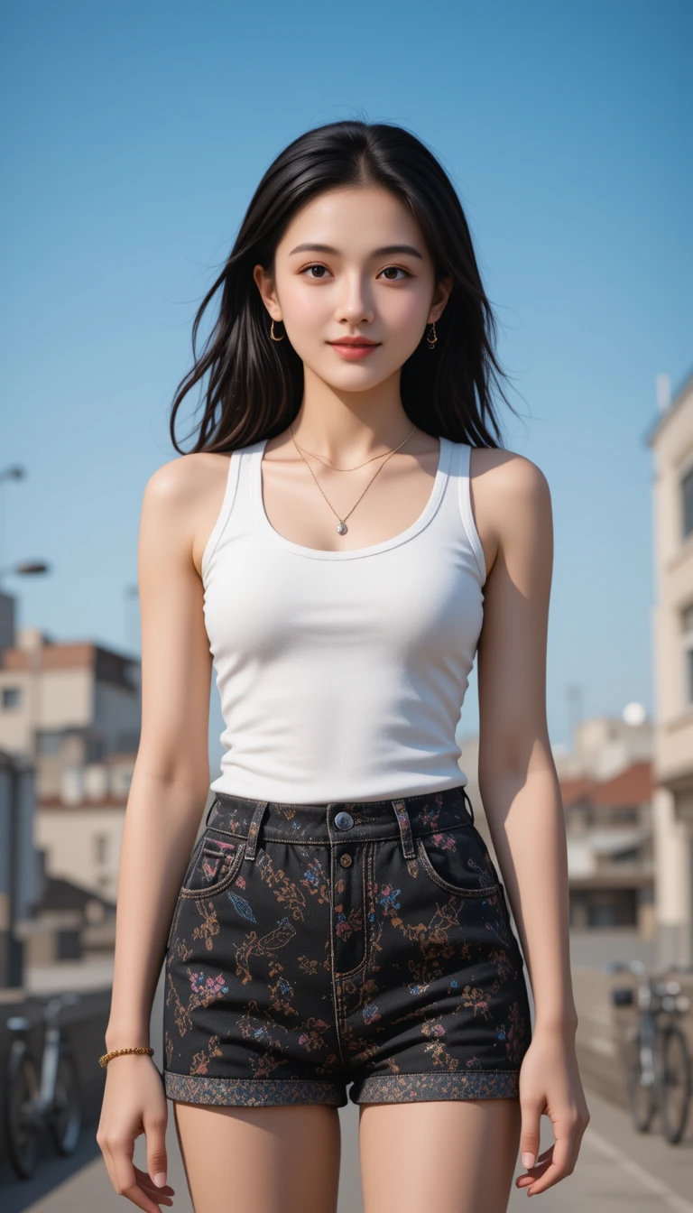 Smiling girl on sunny urban rooftop with city skyline