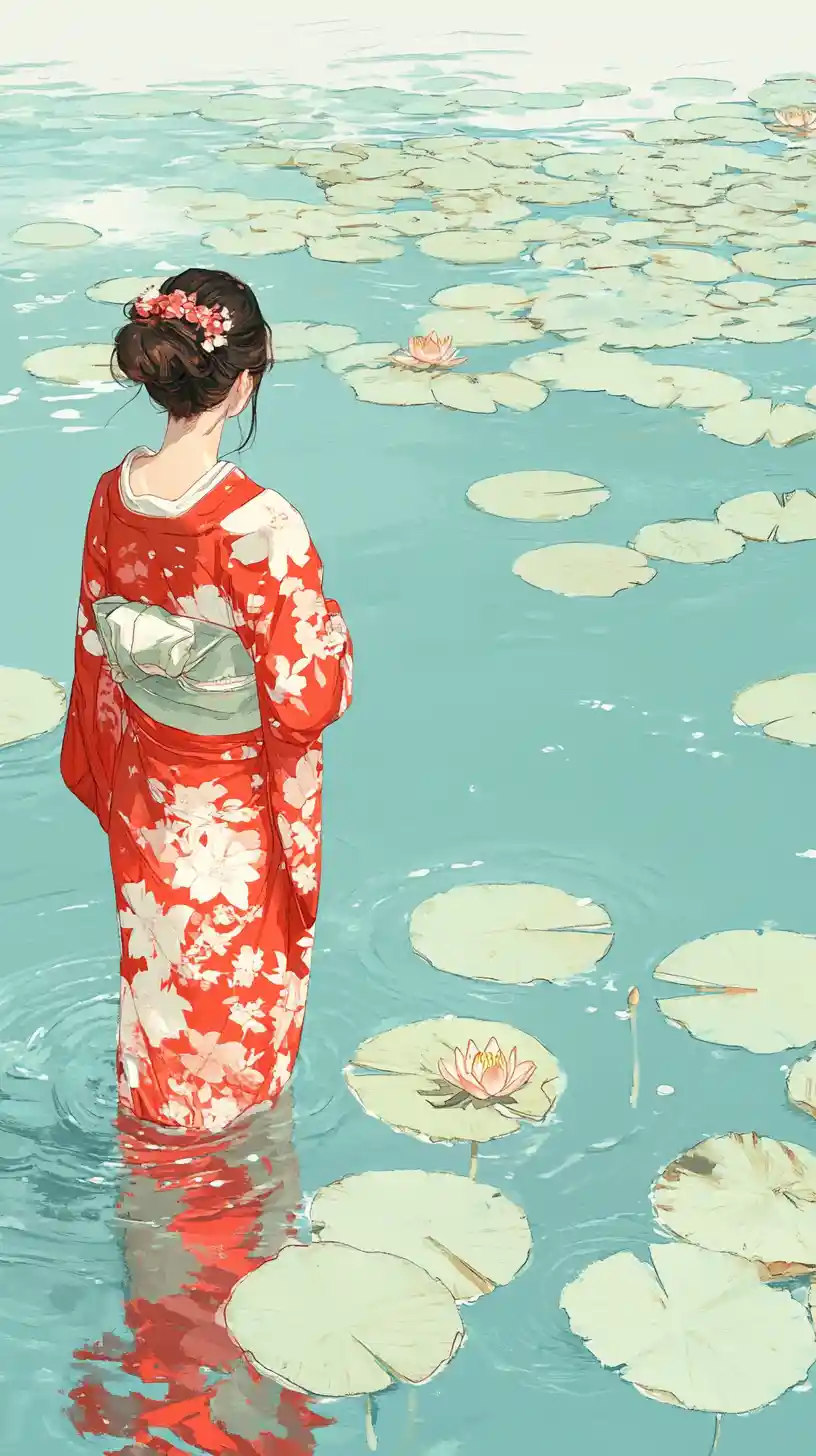 Young woman in red kimono standing quietly in turquoise water