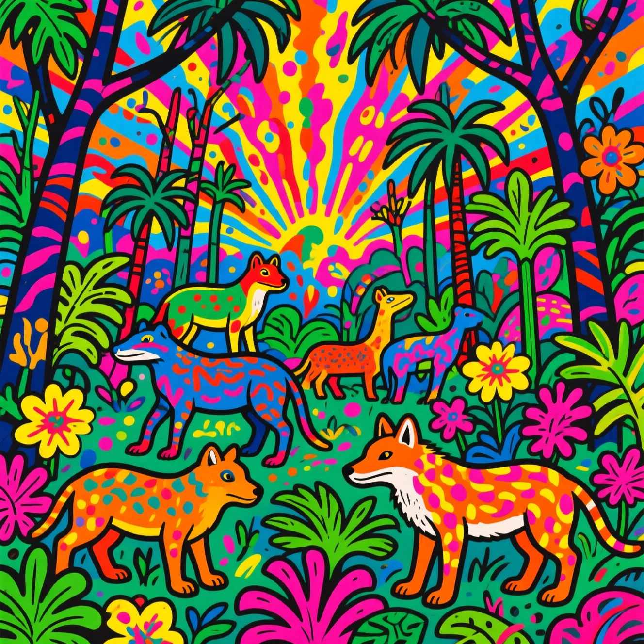 充滿奇幻動物的繽紛波普藝術叢林