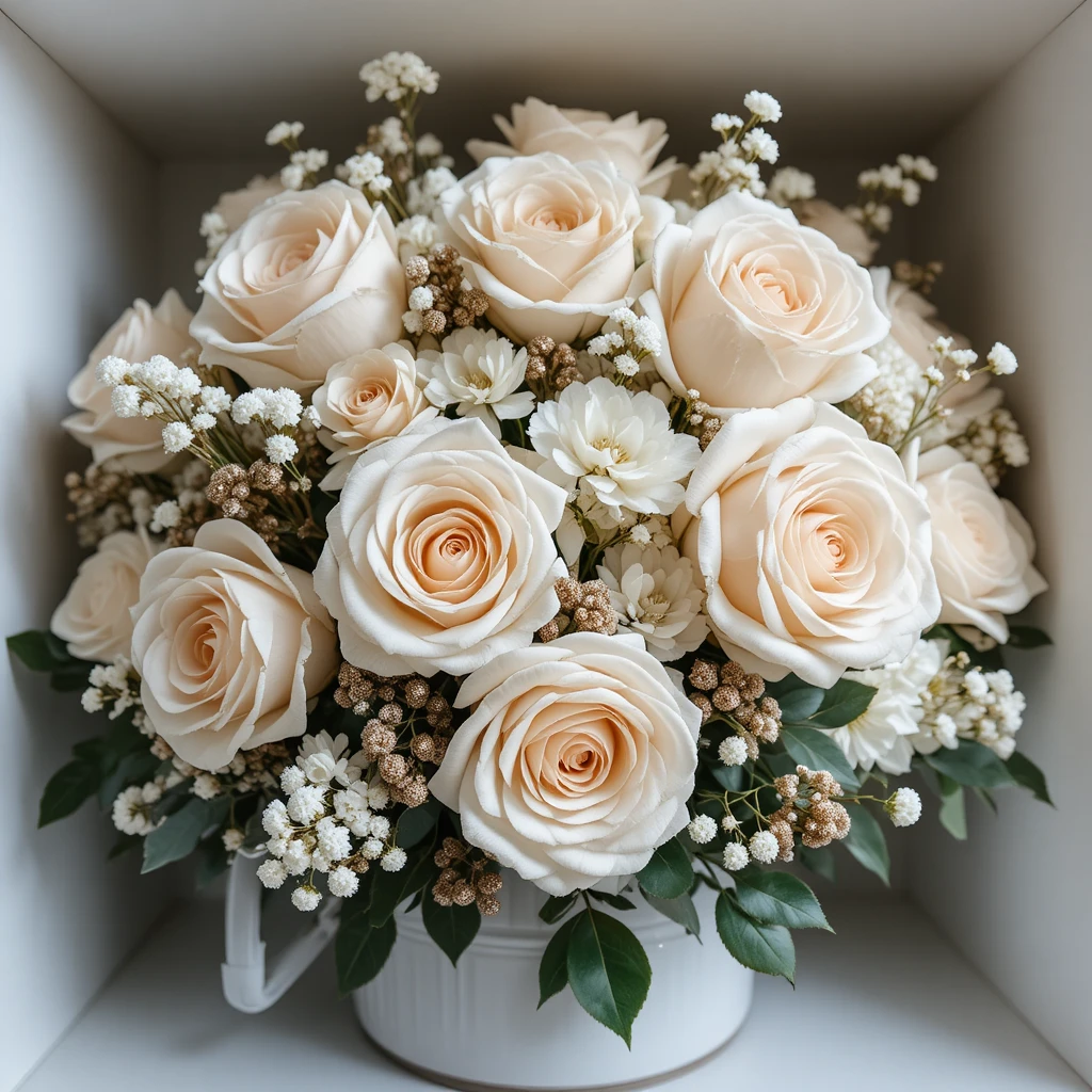 Elegante ramo de rosas blancas en una brillante caja de acuarela