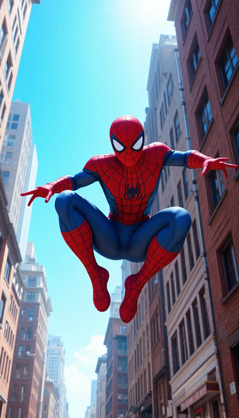 Superhero swinging between bright city skyscrapers in daylight