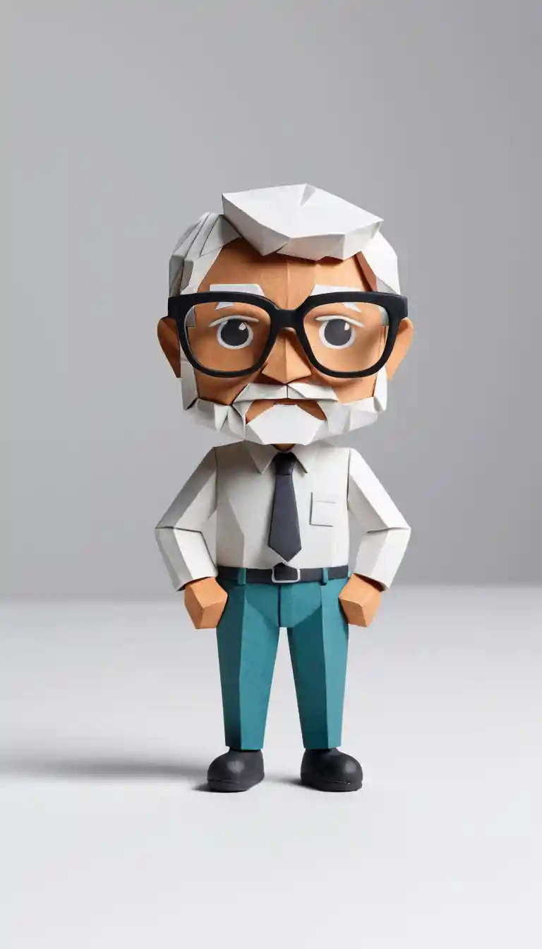 Origami man with glasses floating above white surface