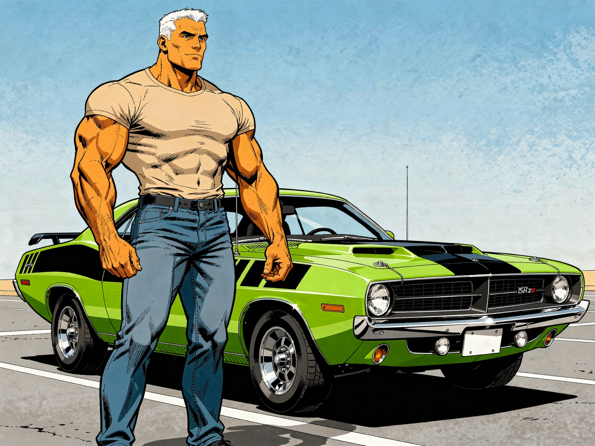 クラシックなグリーンの車のそばに立つ極めて筋肉質な男（ジーンズ姿）