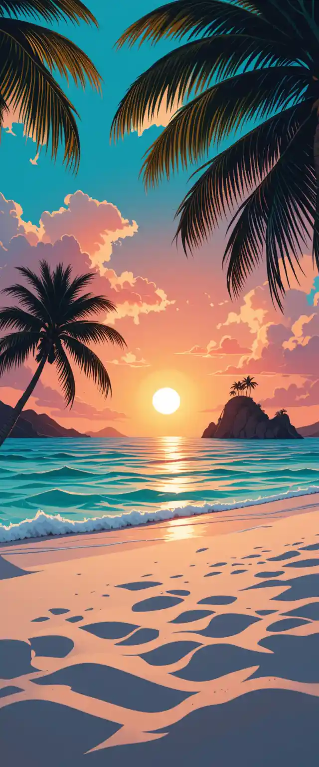 Tropical sunrise over turquoise ocean and palm lined beach