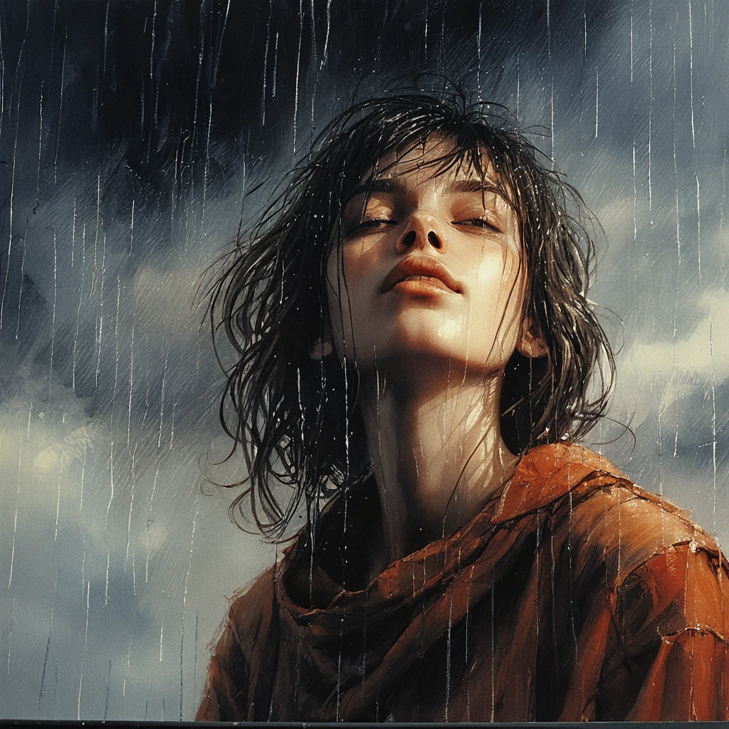 Charcoal portrait of a young woman with wavy hair
