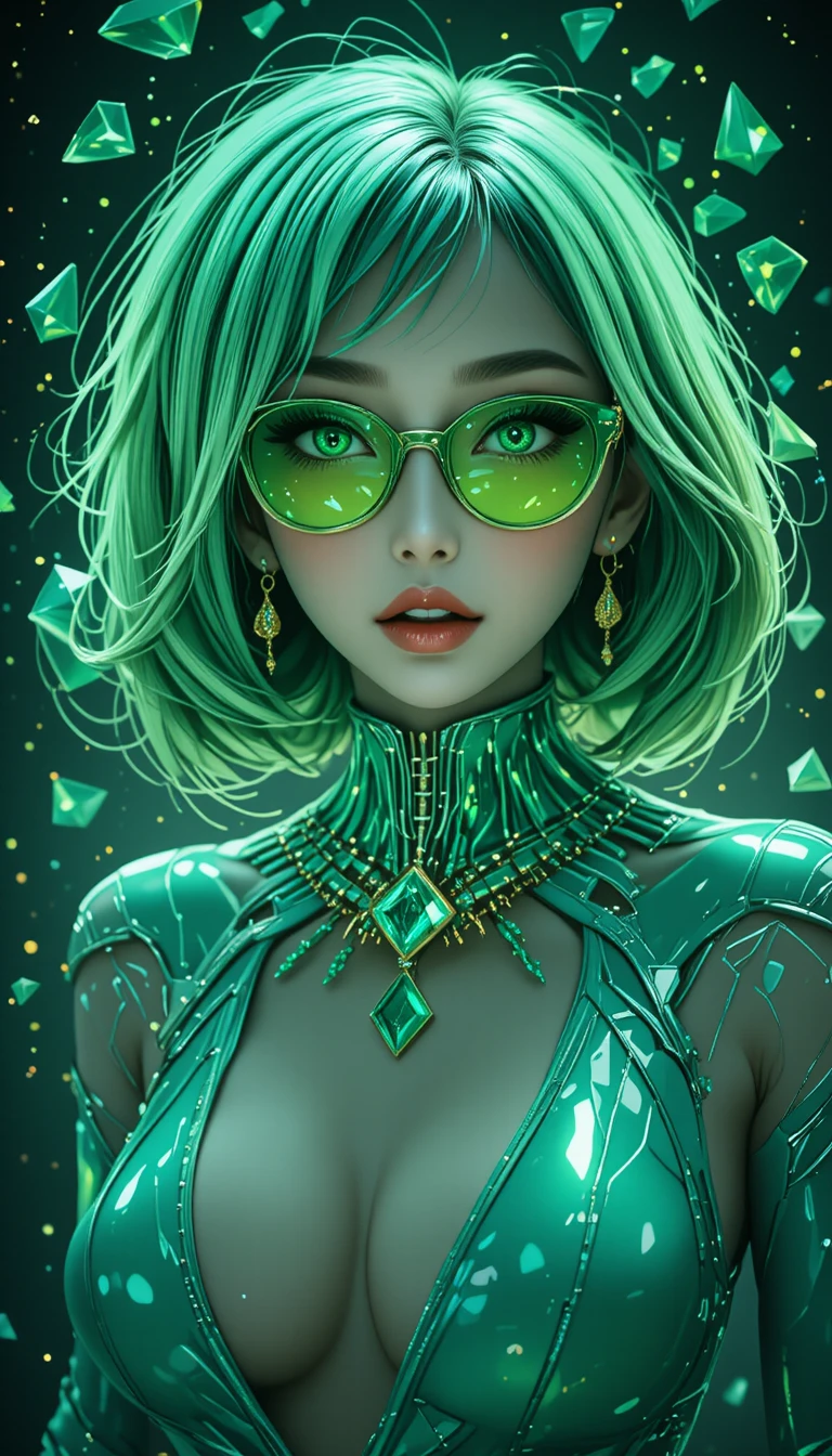 Cyberpunk woman with green crystals in cosmic close up