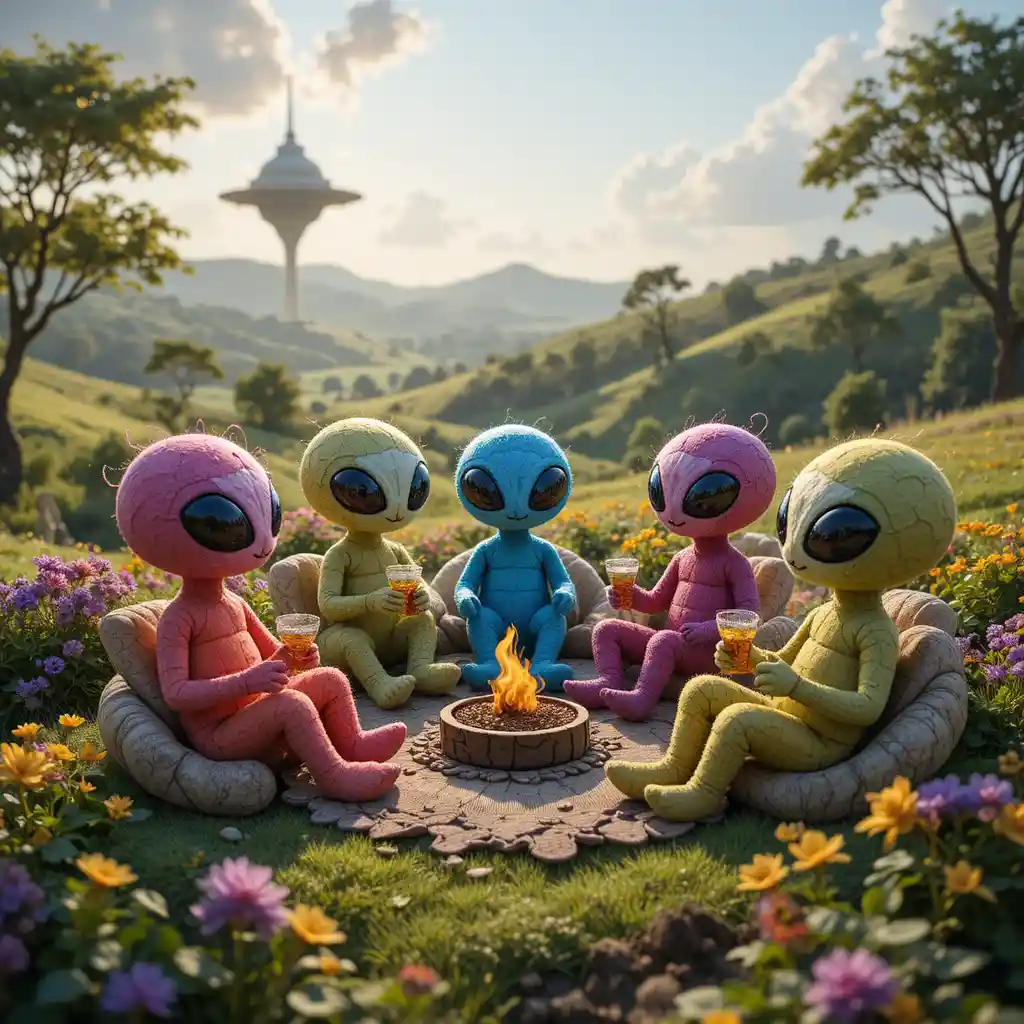 Colorful Felt Aliens Relaxing In A Sunny Green Campsite