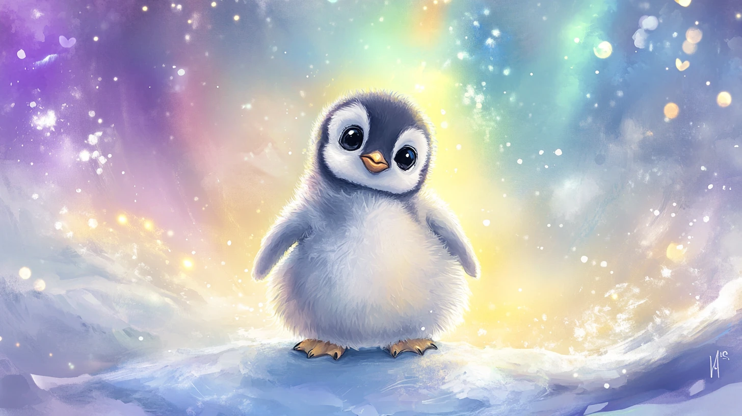 Adorable bébé manchot sur une plaque de glace sous un ciel d’aurore colorée