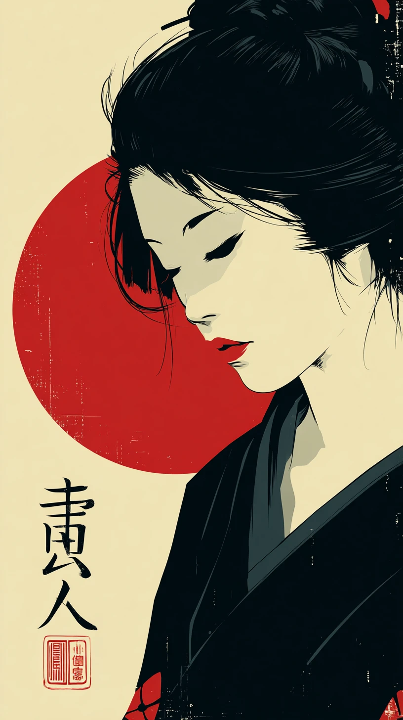 Serene Japanese woman in profile with rising sun motif
