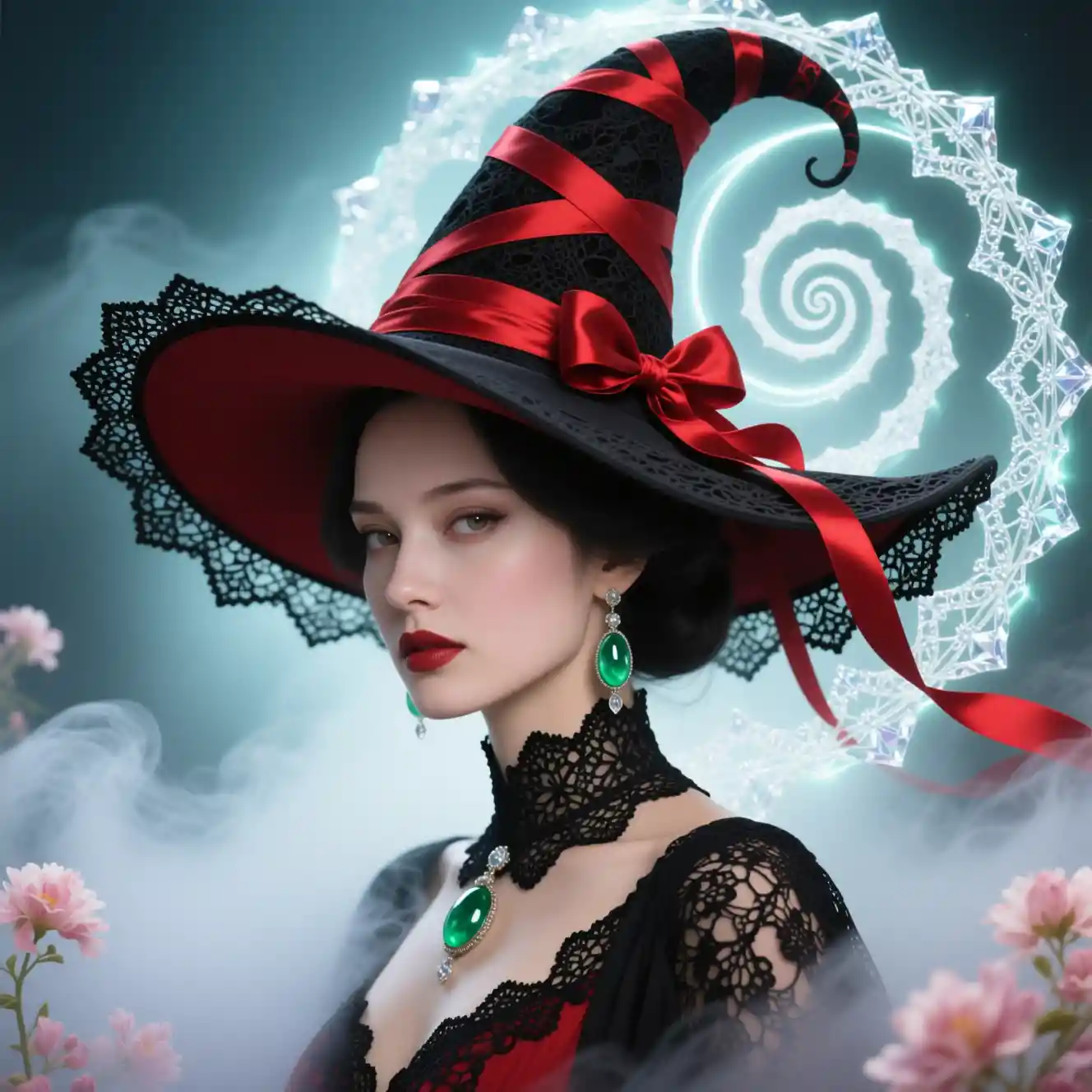 Fantasy woman in magical hat with glowing halo aura