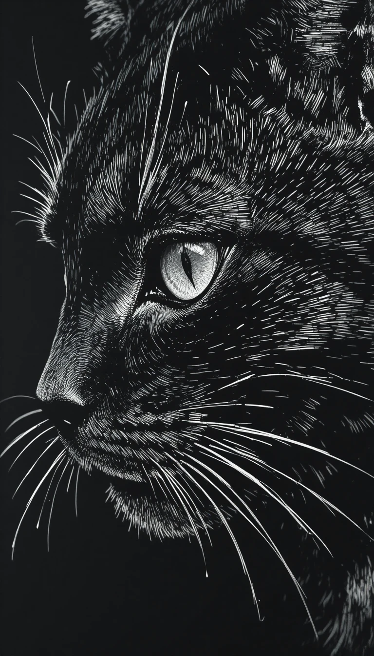 Extreme close up scratchboard portrait of a black cat