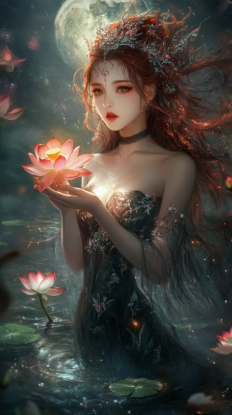 Asian woman with glowing lotus in moonlit water garden