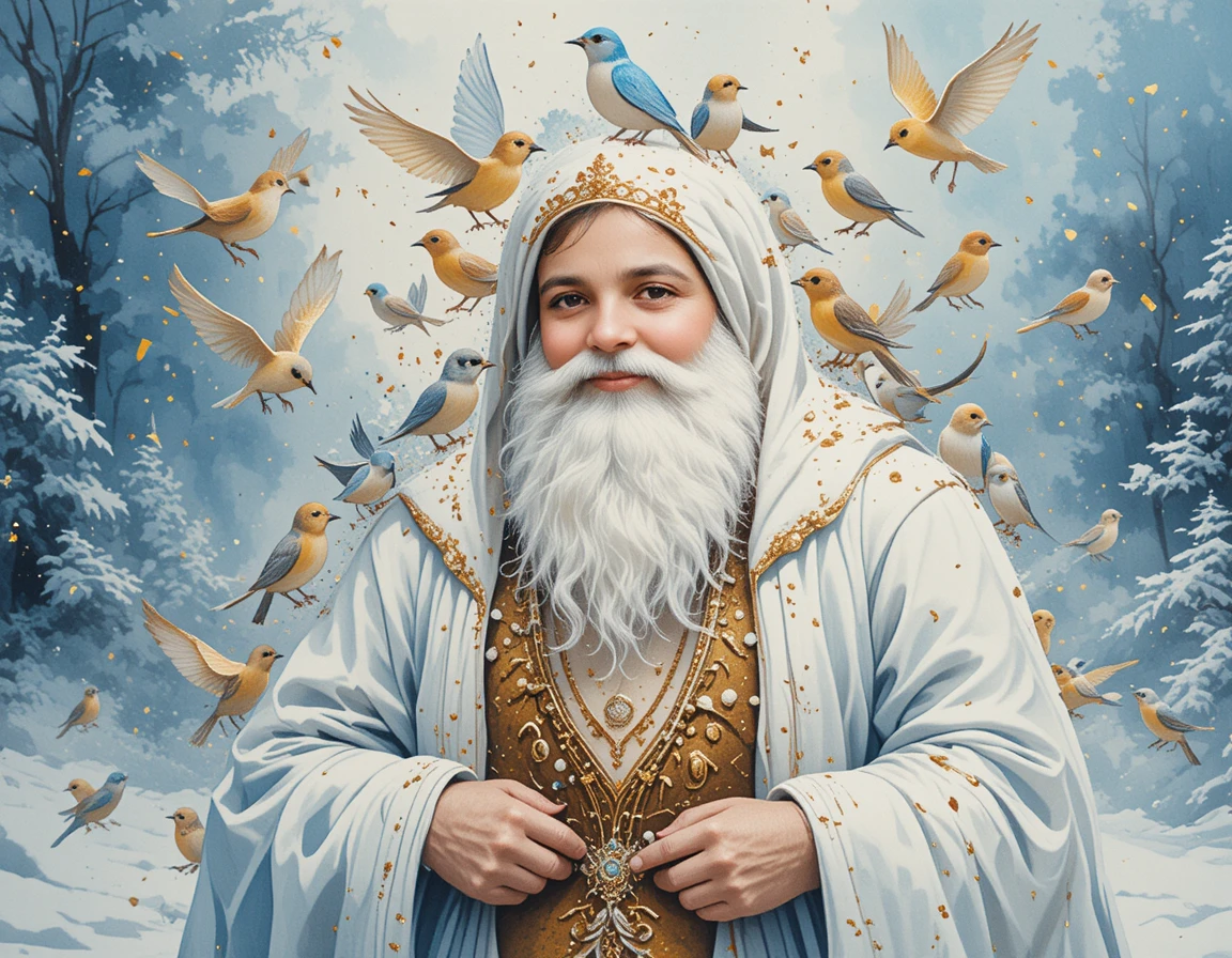 Gentle old man of the snow with birds all around