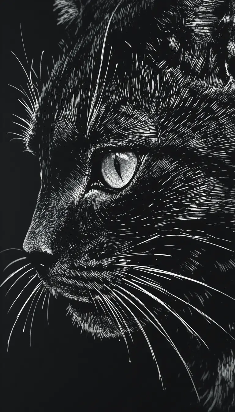 Extreme close up scratchboard portrait of a black cat