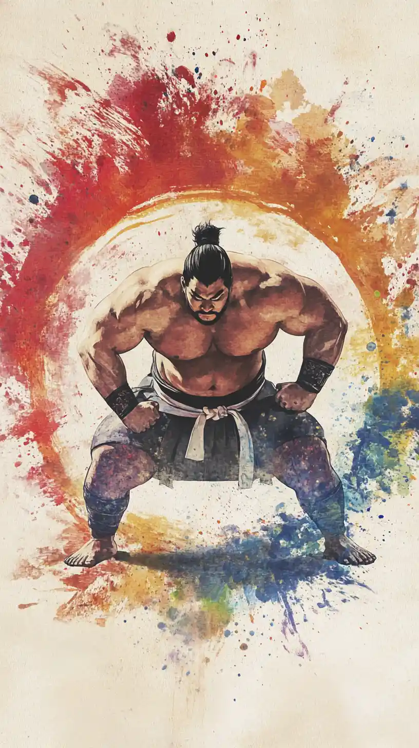 Focused sumo wrestler in dynamic watercolor ink circle