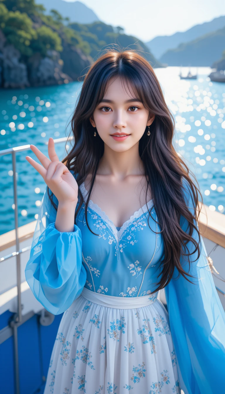 Smiling young woman on a boat over shimmering blue water