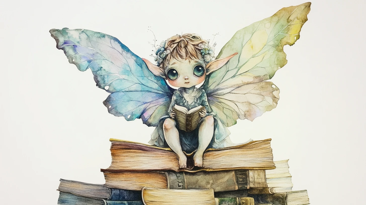 Tiny fairy resting on books in dreamy watercolor scene
