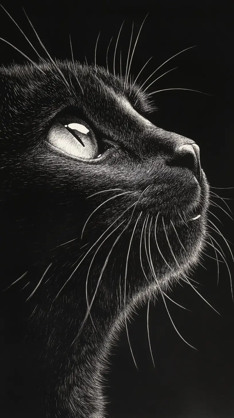 Extreme close up scratchboard portrait of a black cat