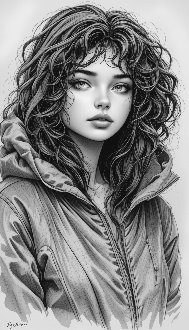 Graphite portrait of young woman in hooded bomber jacket