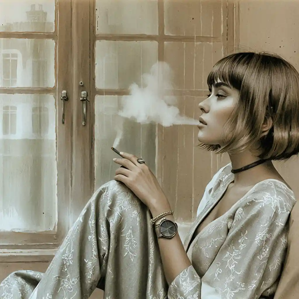 Pensive Asian woman smoking by rainy industrial window
