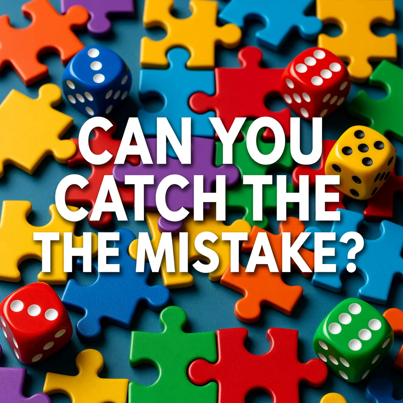 Colorful puzzle pieces and dice with bold typo challenge text