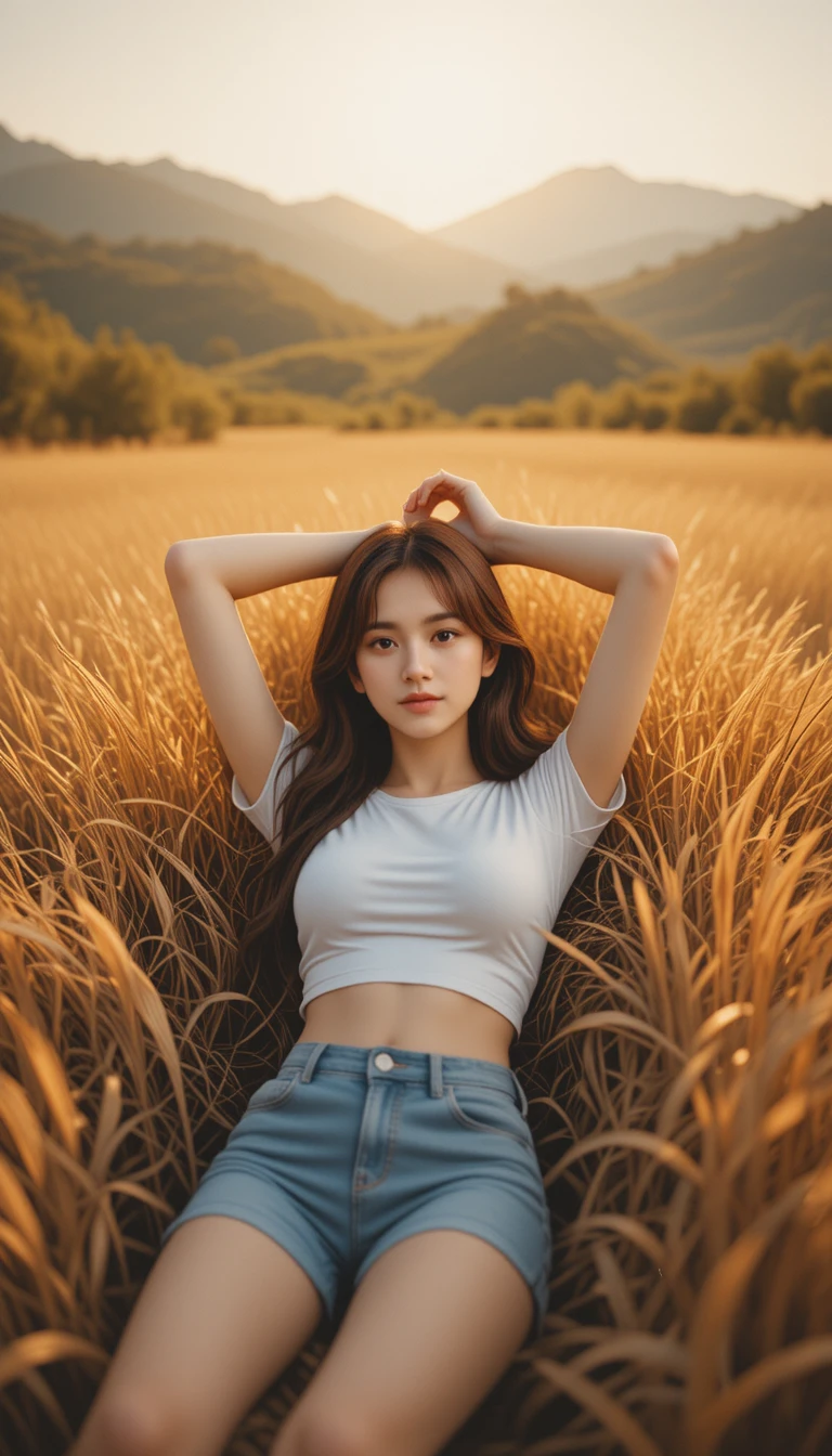 Young woman relaxing in a golden countryside field
