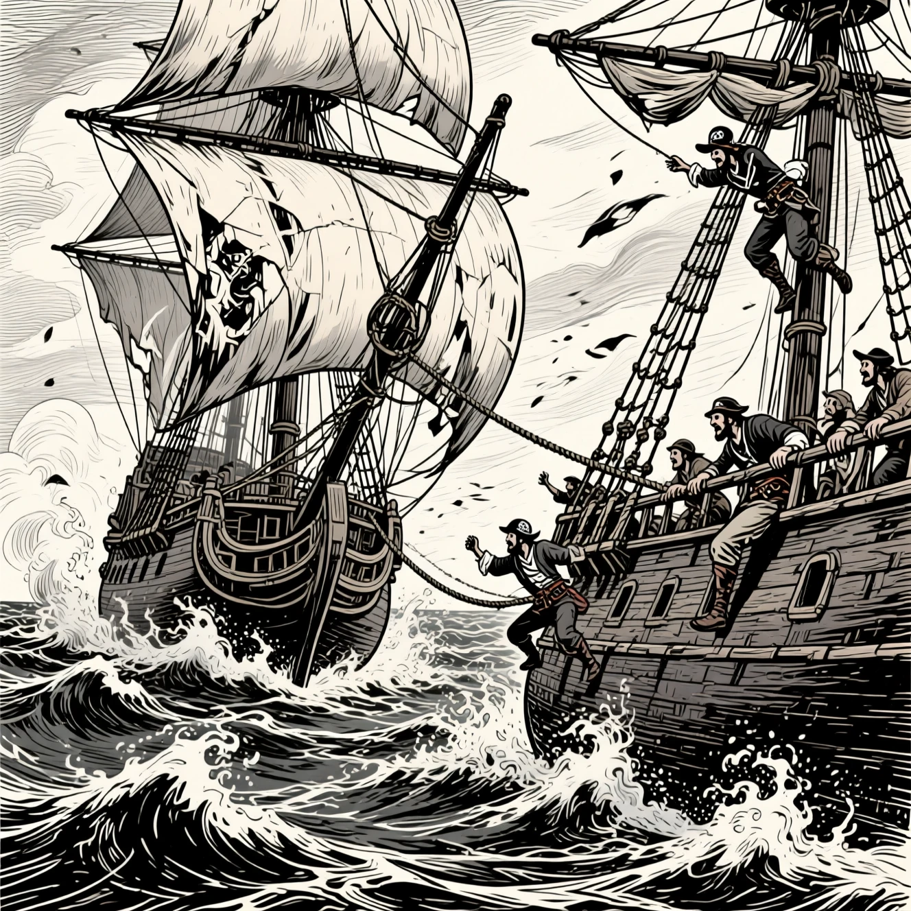 Pirate ship battling a merchant vessel in a raging storm