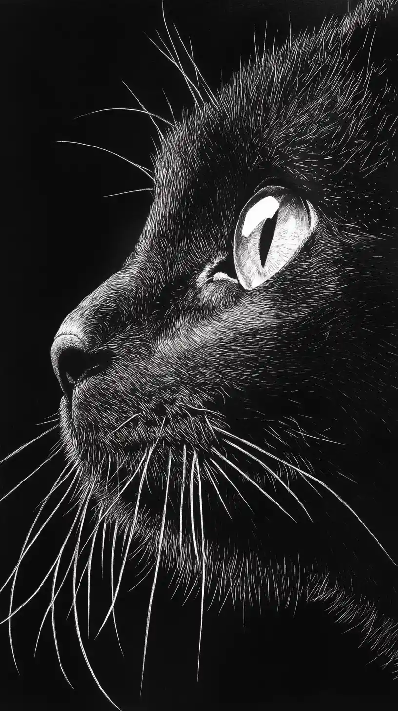 Extreme close up scratchboard portrait of a black cat face