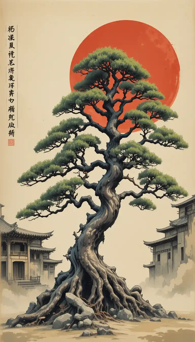 Uralter Bonsai vor ätherischen Ruinen und roter Sonne