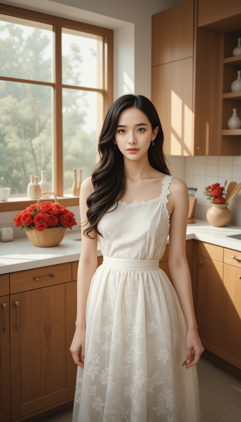 비치는 앞치마를 두른 젊은 여성이 햇살 가득한 모던 키친에 서 있는 모습