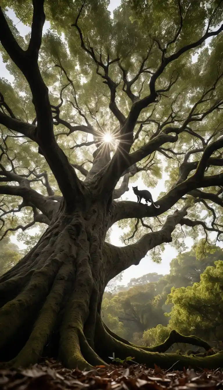 Cat sprinting up an oak tree in a dramatic chase