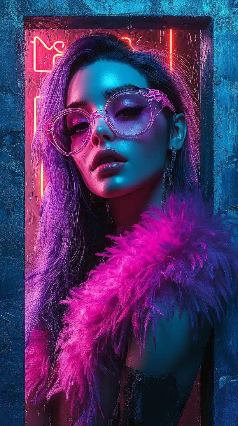 Pôster de mulher fashion de cabelo roxo em beco neon cyberpunk
