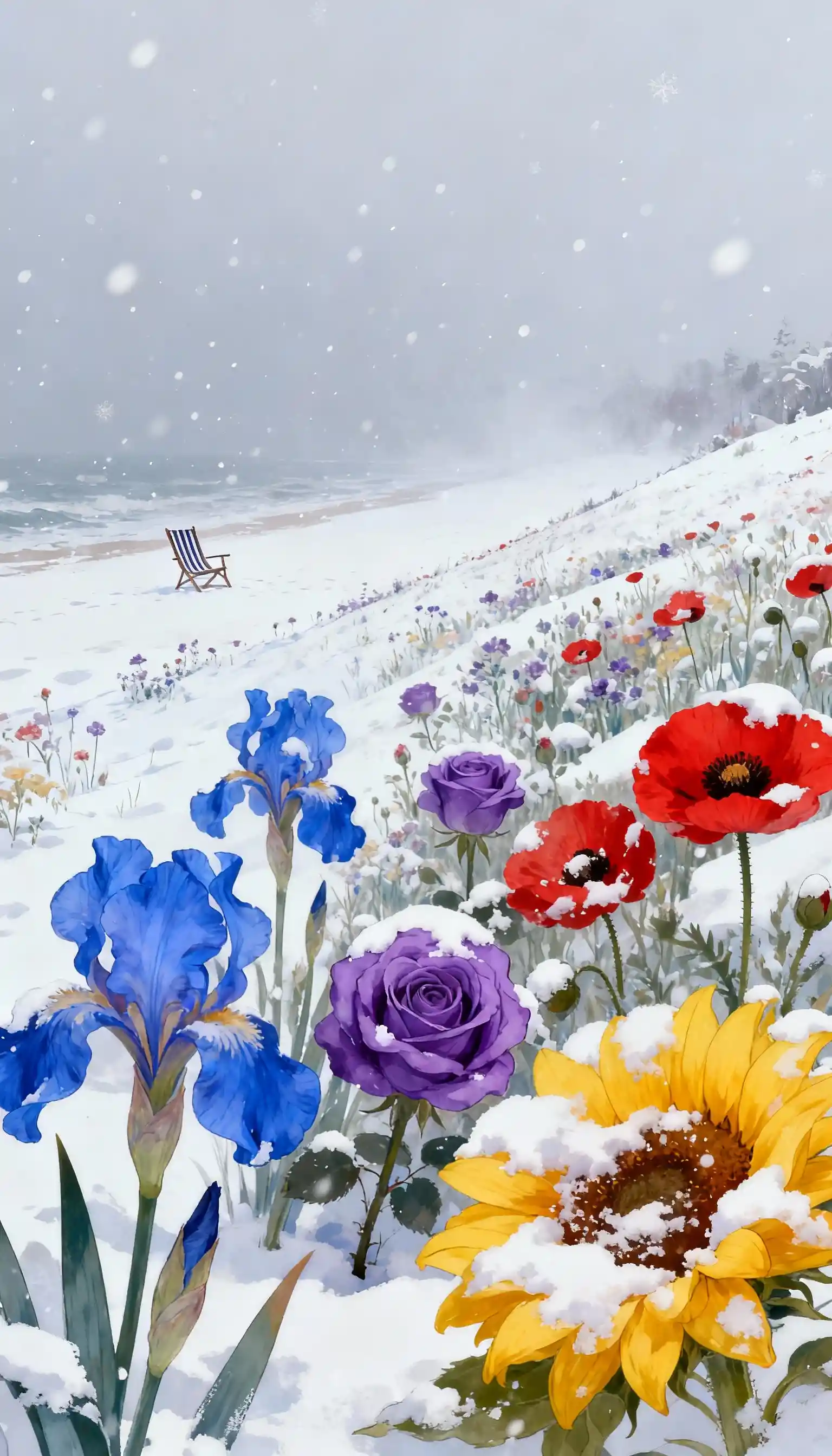 Surreal snowy flower meadow with distant lonely beach chair