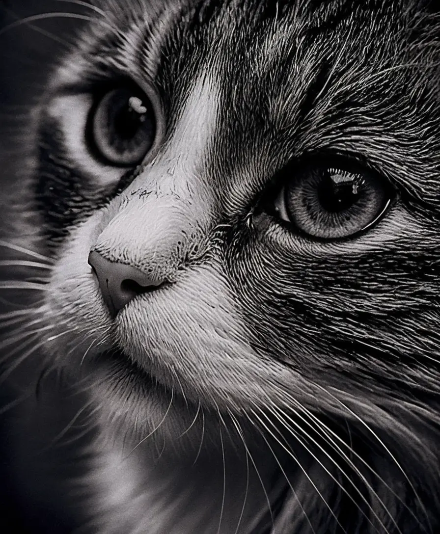 Extreme close up scratchboard portrait of a black cat